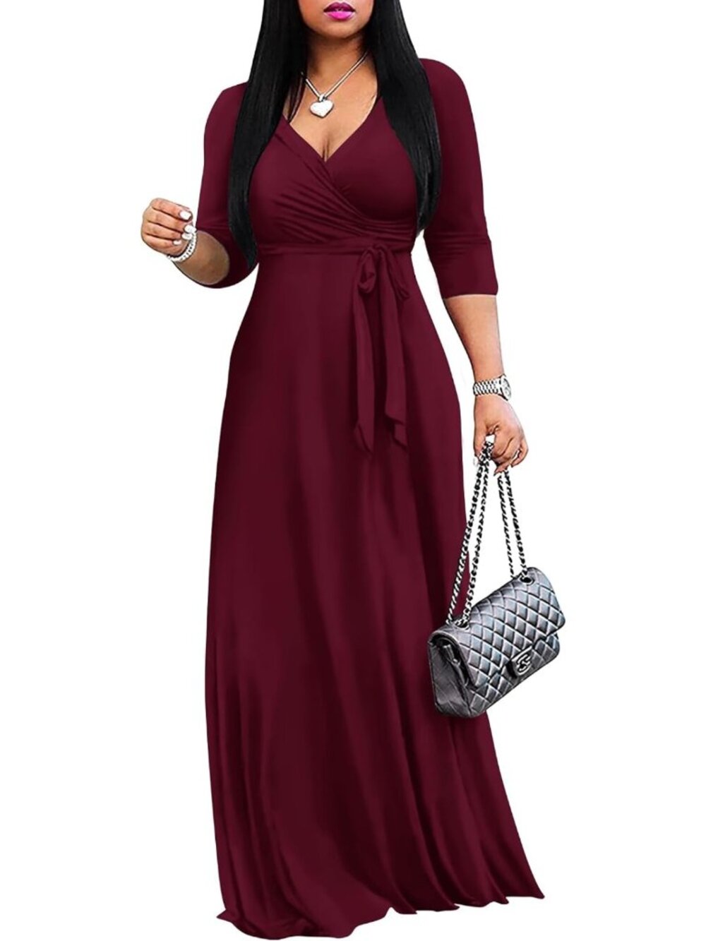 Bohemian Summer Maxi Dress - Solid Color V-Neck 3/4 Sleeve Long Dress for Women